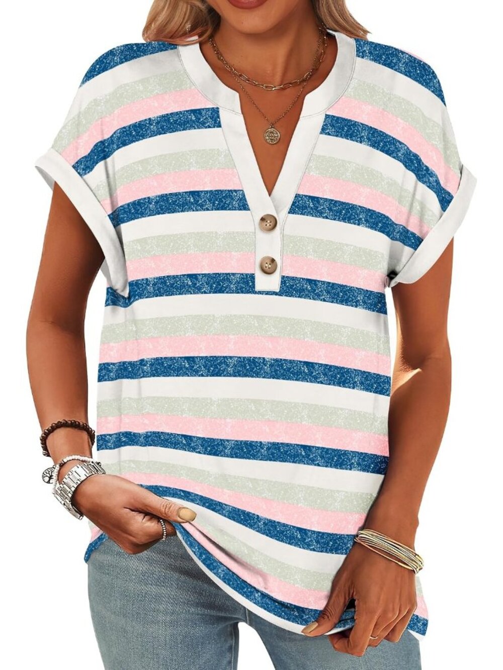 Women Blue Pink Strip V Neck Button Short Sleeve Henley Summer Casual Tunic Top